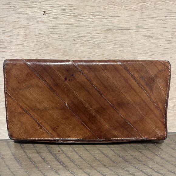Vintage Wallet EEL SKIN Checkbook Billfold brown retro 4x7 - Picture 2 of 10